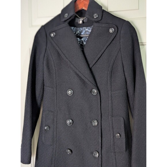H&M Long Peacoat Jacket Womens 6 Black Wool Blend Pockets Double Breasted Lined - Picture 2 of 14